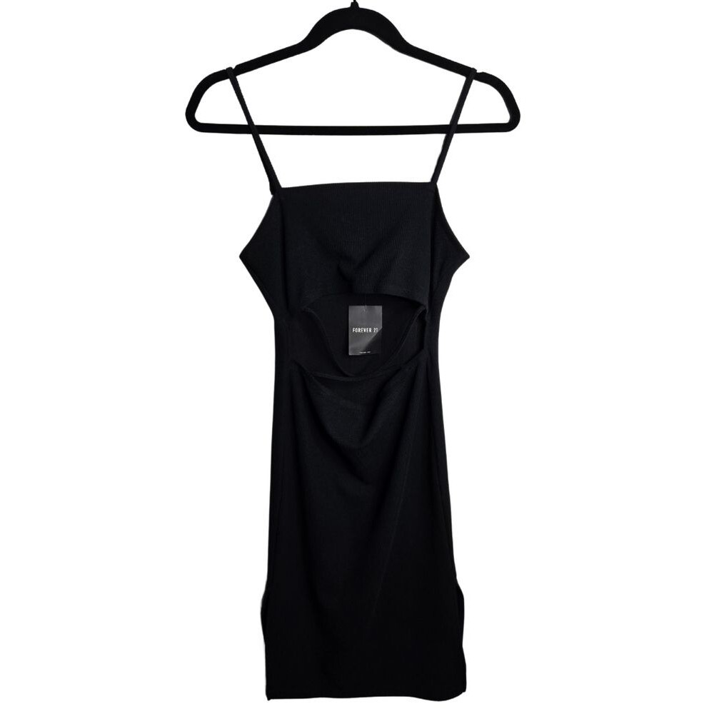 NWT Forever 21 Black Ribbed Knit Tank Midi Dress Cutout Torso Double Slit Sz M